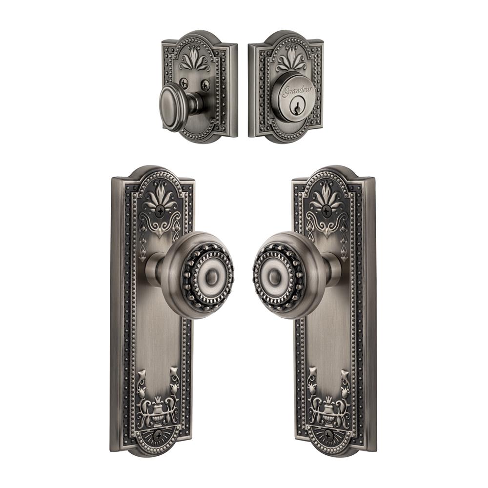 Grandeur by Nostalgic Warehouse Single Cylinder Combo Pack Keyed Differently - Parthenon Plate with Parthenon Knob and Matching Deadbolt in Antique Pewter